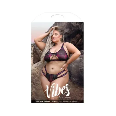 Women s Lingerie Fantasy Lingerie Vibes Fuckin Perfection Plaid Mesh Cut Out Bralette Panty Black Queen Size