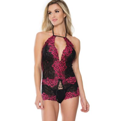 Coquette Midnight Rose Crotchless Lace Teddy