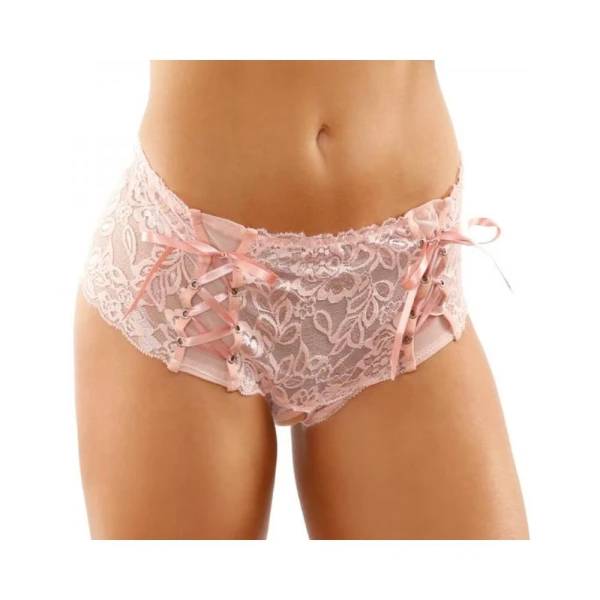 : Magnolia Crotchless Lace Boyshort With Lace-up Panel Details Light Pink S/m