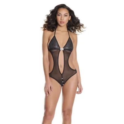 Crotchless Teddy Silver Black O S