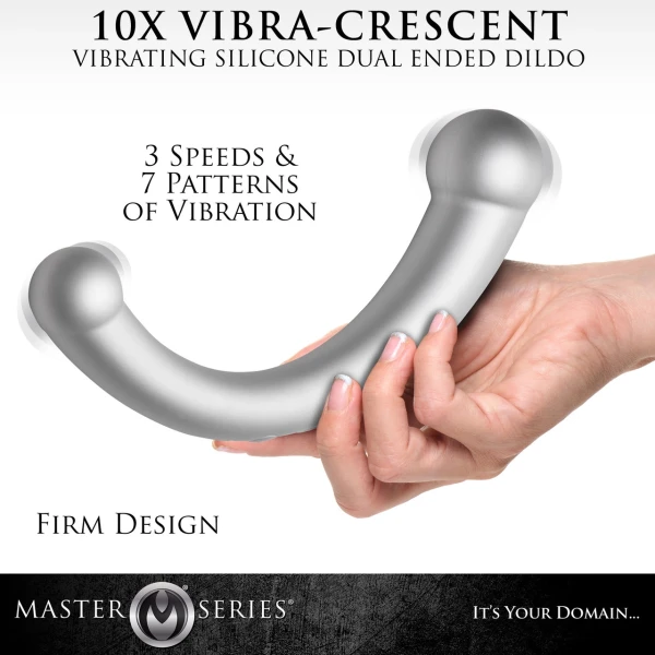 Master Series Vibra-Crescent Rechargeable Silicone Vibrating Dual Ended Dildo - Silver