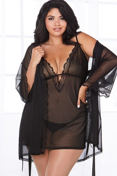 Dreamgirl Timeless Sheer Mesh Chemise with Robe & G-String