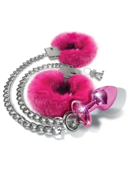 Nixie Metal Butt Plug and Furry Handcuff Set Blue
