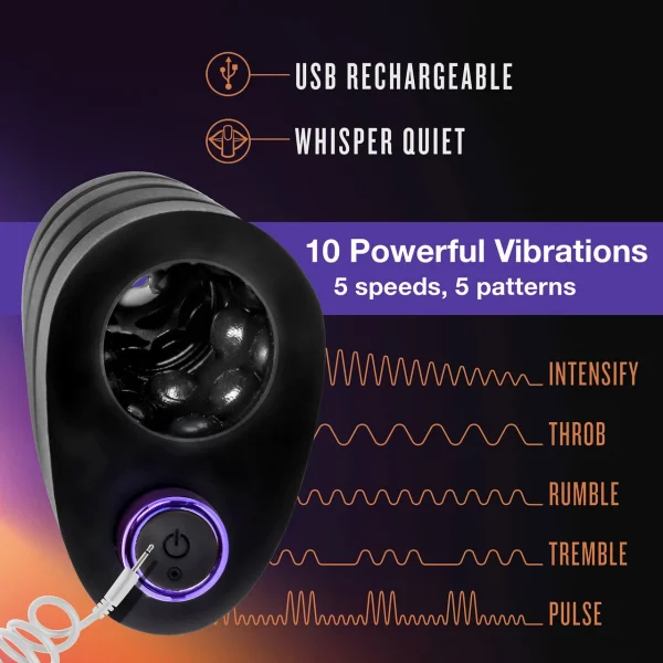 M Elite Platinum Strok Vibrating Rechargeable Silicone Double Ended Penis Masturbator By Blush - Black