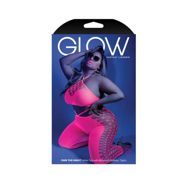 Glow Own The Night Cropped Cut-out Halter Bodystocking Neon Pink Os
