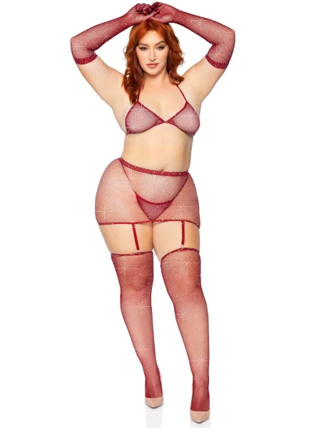 5 Pc Rhinestone Bikini Top G-String Garter Skirt,  Gloves and Stockings - One Size - Burgundy