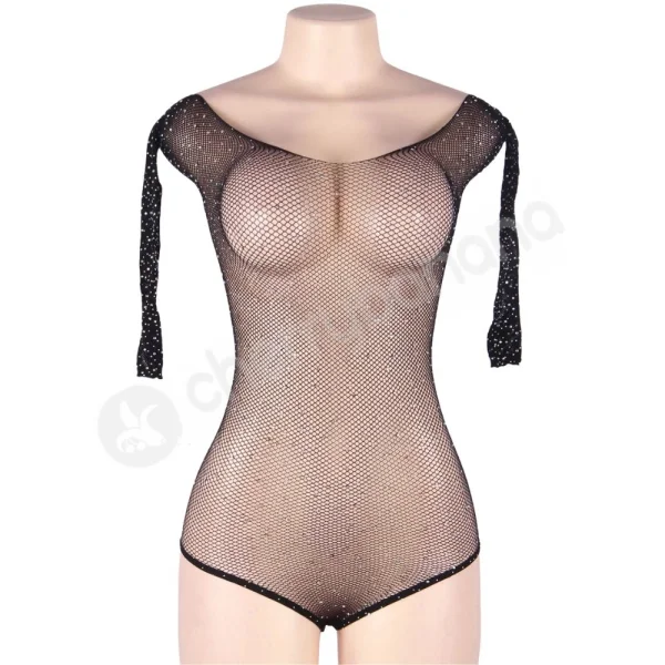 Cherry Banana Plus Size Black & Rhinestone Fishnet Long Sleeve Bodysuit