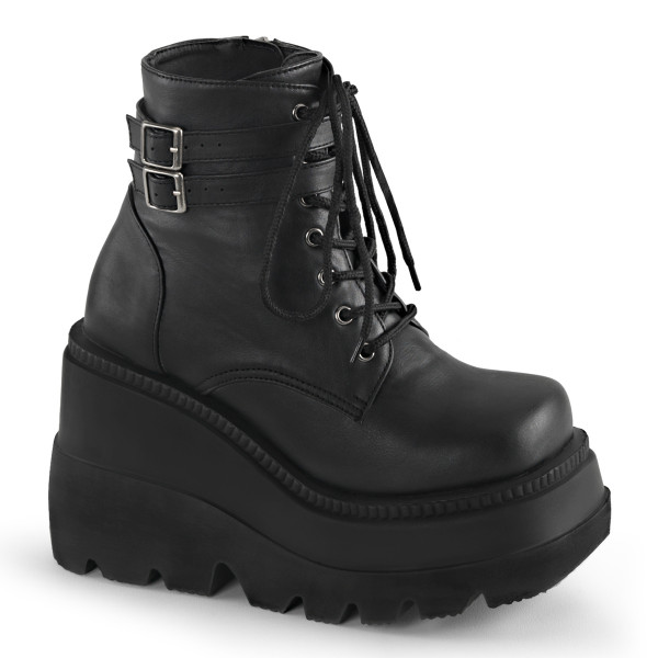 4 1/2 inches Stacked Wedge PF Lace-Up Ankle Boot w/Buckle Straps