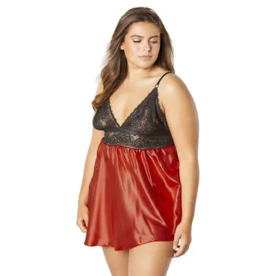 Lace Cup Satin Empire Body Babydoll With Contrast Color Piping G String Black red 3x4x