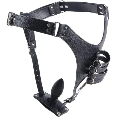 XR Brands Strict Male Chastity Harness with Silicone Anal Plug Black