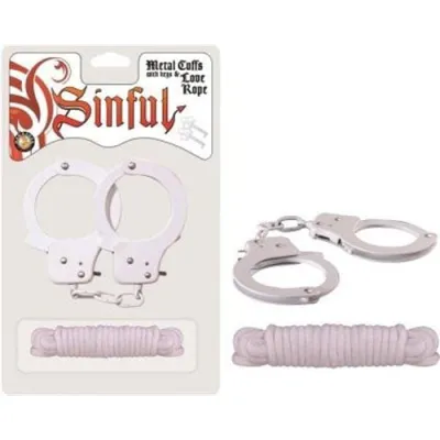 Sinful Metal Cuffs With Keys Love Rope White