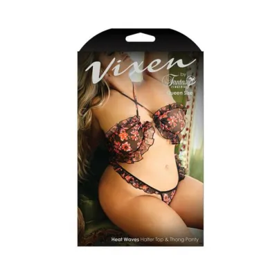 Vixen Heat Waves Floral Print Ruffled Bralette Matching Thong Panty Black Queen