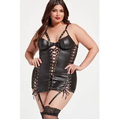 Seven Til Midnight Riveting 2 Piece Black Vegan Leather Chemise Set with G String