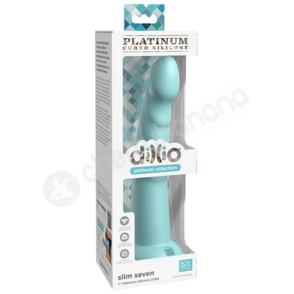 Dillio Platinum Slim Seven 7" Teal Silicone Dildo With Suction Cup Body Dock Compatible Base
