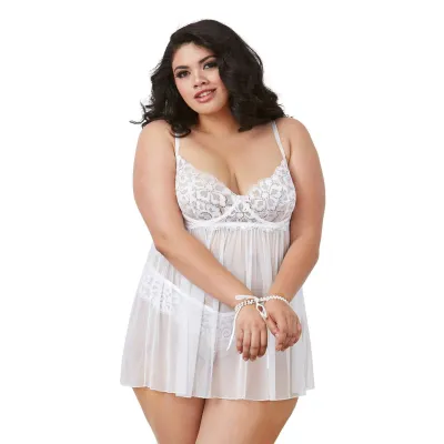 Babydoll With Restraints and G String Set Queen Size White
