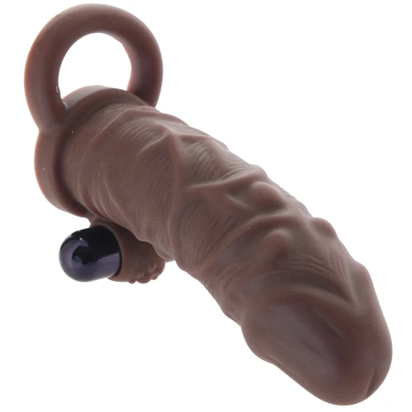 Size Up Silicone Vibrating 1 Inch Realistic Penis Extender With Ball Loop - Chocolate