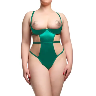 Dita Von Teese Von Follies Beau Teese Open Cup Emerald Satin Bodysuit