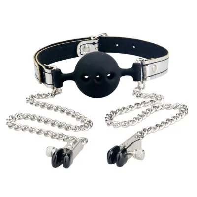 Bondage Fetish Breathable Ball Gag with Nipple Clamp