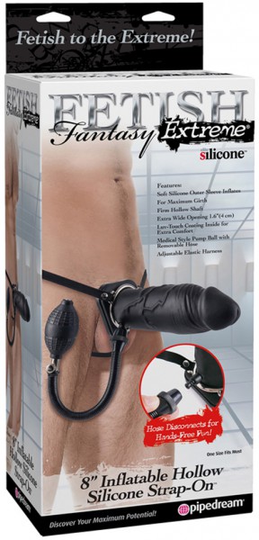 8" Inflatable Hollow Silicone Strap-On Black