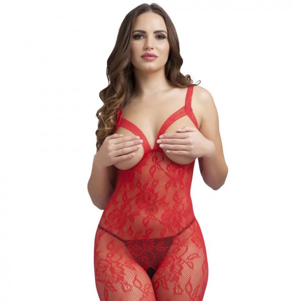 Lovehoney Crotchless Red Floral Lace Open Bust Bodystocking