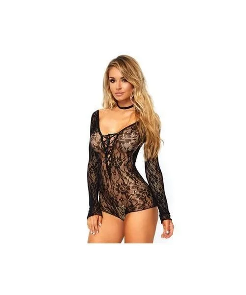 Lace Up Romper - One Size - Black