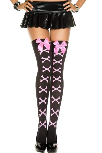 Cross Bone and Satin Bow Opaque Thigh Hi - One Size - Black - Pink