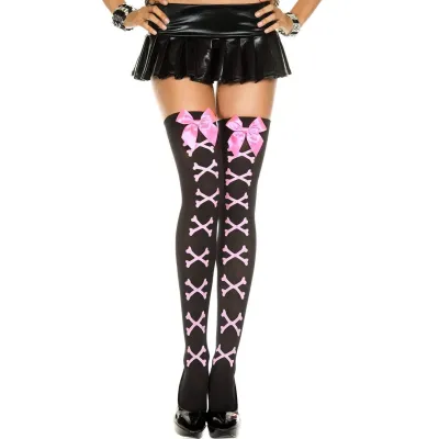 Cross Bone and Satin Bow Opaque Thigh Hi One Size Black Pink