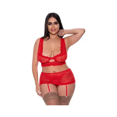 Magic Silk Ooh La Lace Bralette Garter Skirt G string Set Red Queen