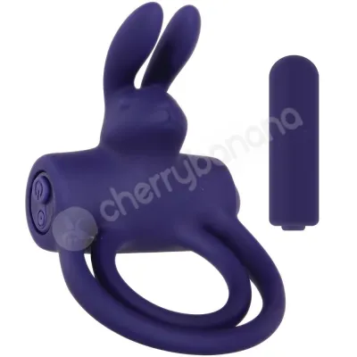 Adam Eve Silicone Rechargeable Rabbit Blue Double Cock Ring With Removable Bullet Vibe