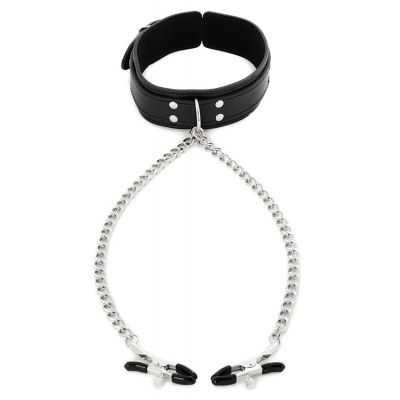 Sportsheets International Vegan Leather Collar with Chained Nipple Clamps