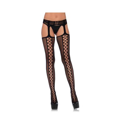 Faux Lace Up Dual Net Backseam With Attached Garter Belt O s Black