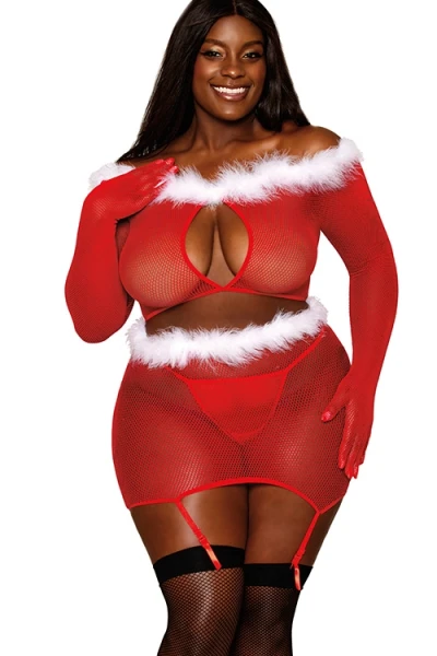 Dreamgirl Santa Baby 2 Piece Long Sleeved Christmas Bralette with Garter Skirt