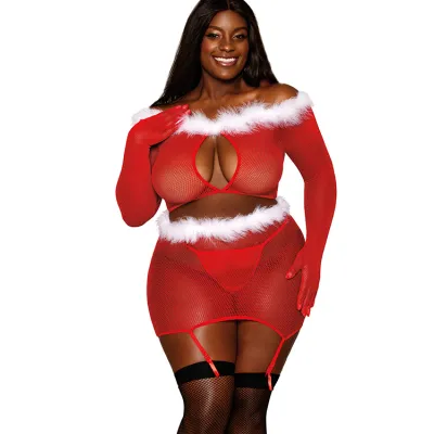 Dreamgirl Santa Baby 2 Piece Long Sleeved Christmas Bralette with Garter Skirt