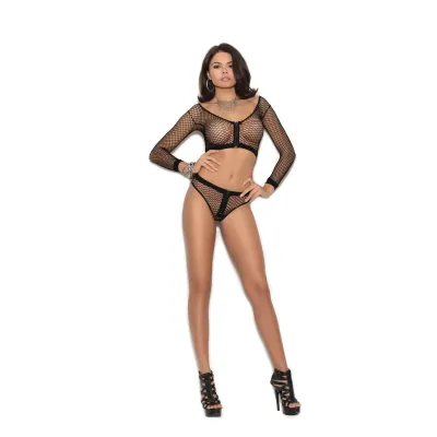 Fence Net Top With Zip Front and Matching Booty Shorts One Size Black