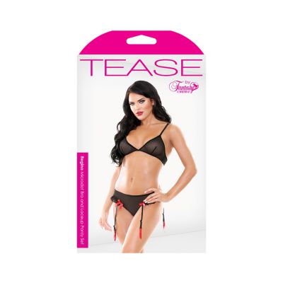 Tease Regina Microdot Bra Lace Up Panty Set With Detachable Garters Black M l