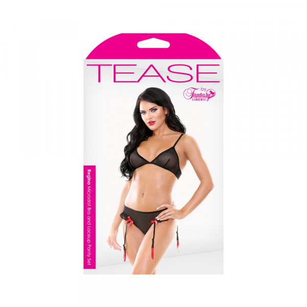Tease Regina Microdot Bra & Lace Up Panty Set With Detachable Garters Black M/l