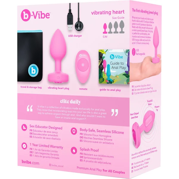 B-Vibe Vibrating Heart Plug Small/Medium - Pink Topaz
