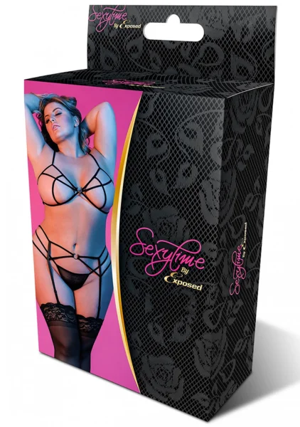 Sexy Time Strappy Bra, Garter and G-Set with Rings - Queen Size