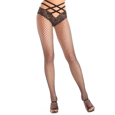 Fishnet Pantyhose With Lace And Crossed Straps One Size