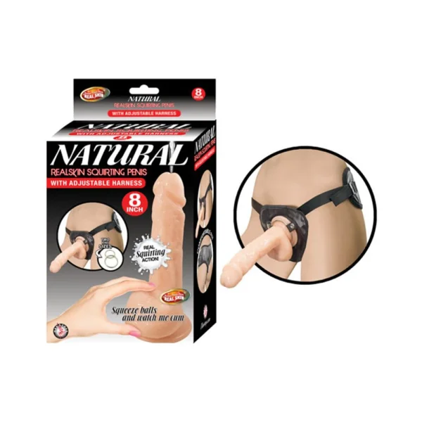 Natural Realskin Squirting Penis 8 inches Beige Harness