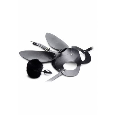 Bunny Tail Anal Plug and Mask Set Black Fetish Hood Mask