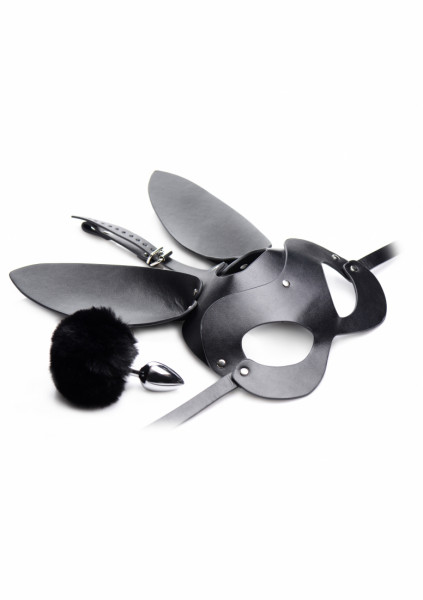 Bunny Tail Anal Plug and Mask Set - Black - Fetish Hood Mask