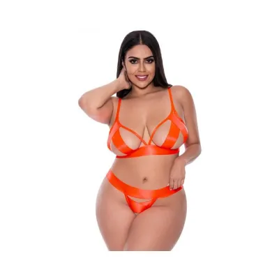 Magic Silk Strap Tease Bra Crotchless Panty Set Orange Queen
