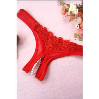 Crotchless Naughty Pearl G String Small Red One Size