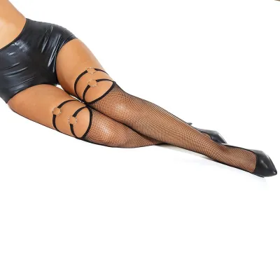 Women s Lingerie Coquette Fishnet Stockings With Thigh Strap Metal Ring Details Black O s