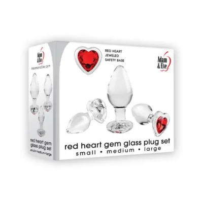 Adam Eve Red Heart Gem Glass Plug Set Of 3 Red