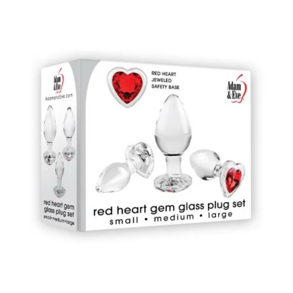 Adam & Eve Red Heart Gem Glass Plug Set Of 3 Red