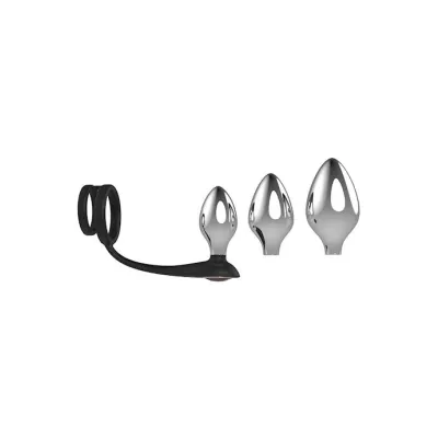 Gemmed Tri plug Ring Set 3 Piece Black Silver