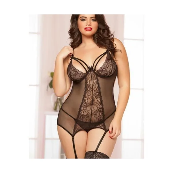 Floral Lace and Fishnet Chemise and Thong Set - Queen Size - Black