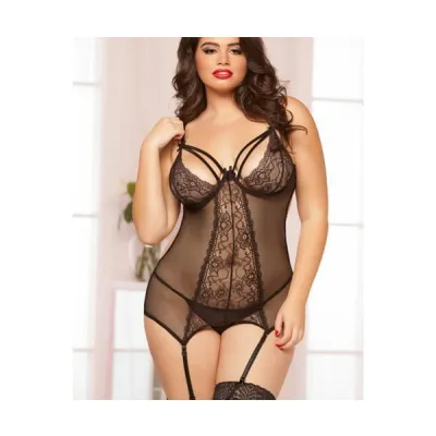 Floral Lace and Fishnet Chemise and Thong Set Queen Size Black